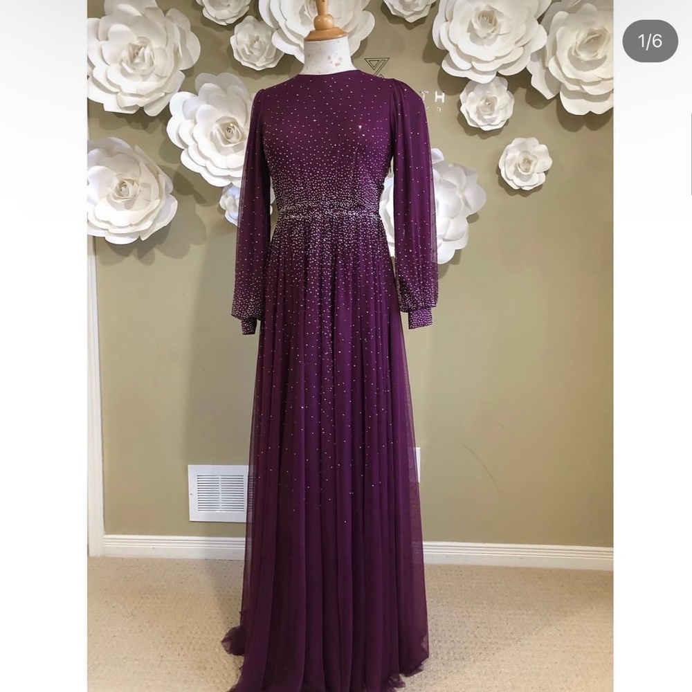 Plum Floor Length Rhinestone Beaded Evening Dress